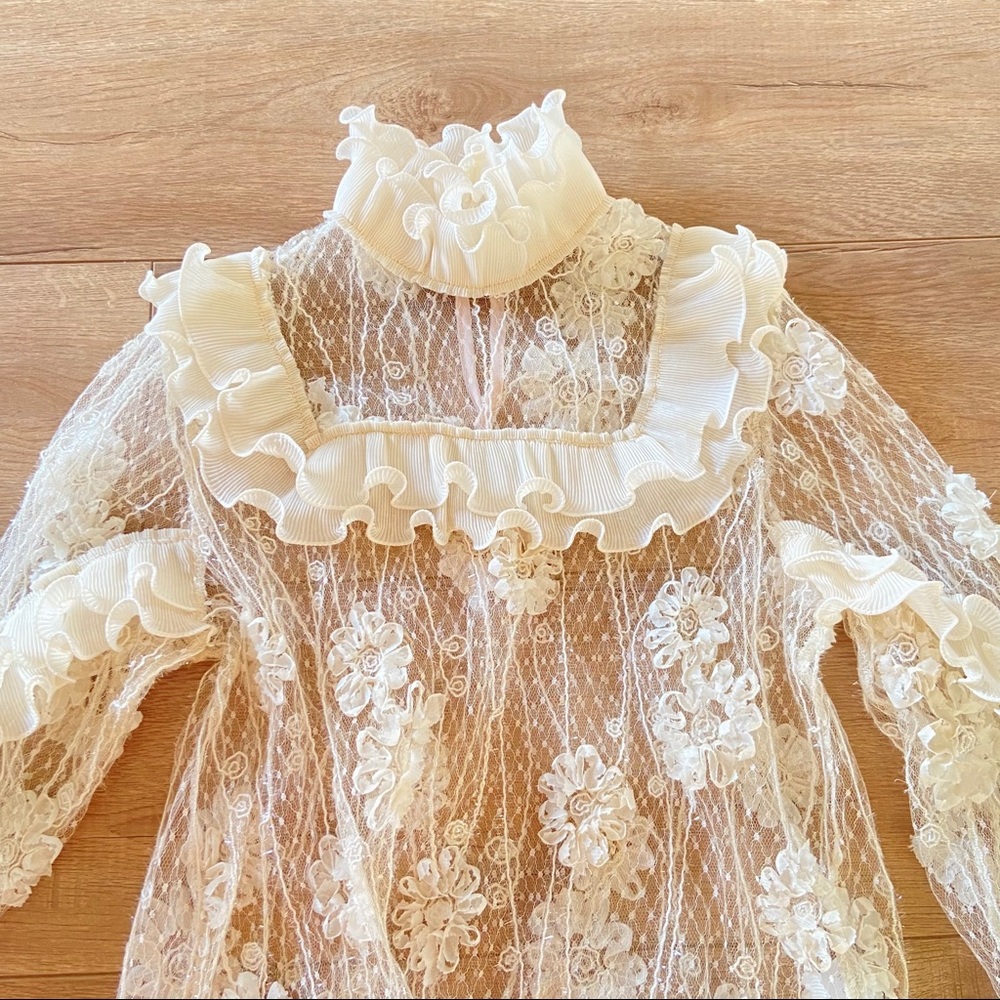 Handmade high neck sheer ruffle floral lace